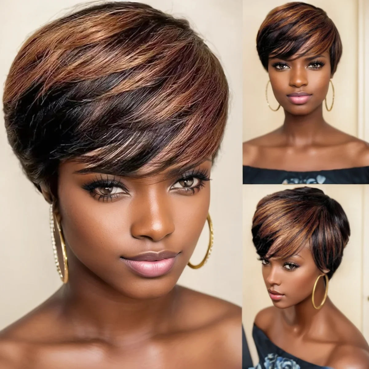 WIGERA Highlight Synthetic Hair Wigs Short Straight  Pixie Cut Hair Bob Wig Honey Gold Mix Black For Woman Daily Use