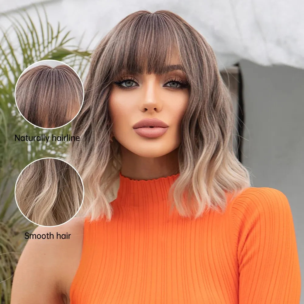 Women Grey Wavy Bob Wigs with Bangs Short Blonde Ombre Synthetic Hair Wigs With with Dark Roots Natural Hair Style for Women Daily Use