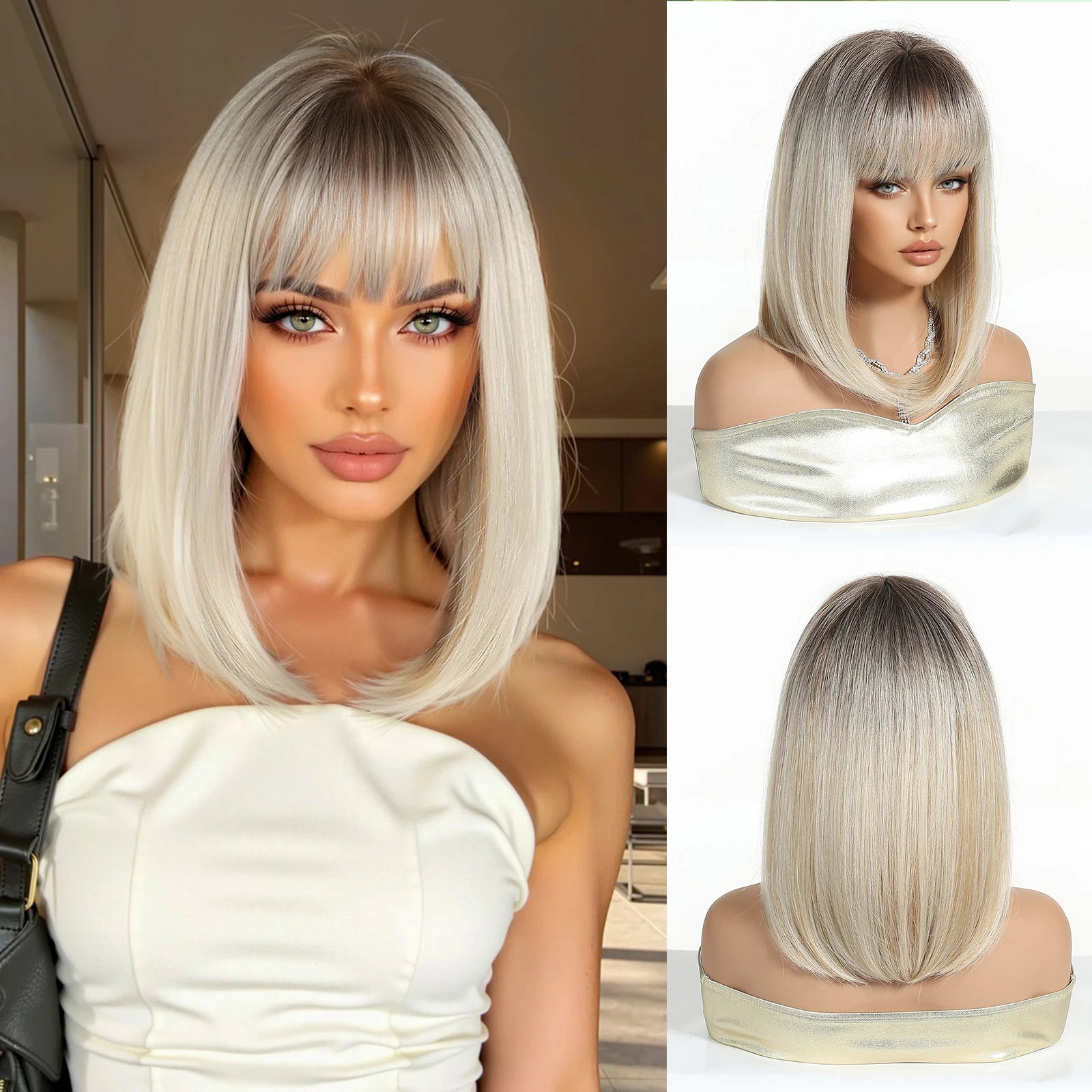 EASIHAIR Short Straight Bob Hair Wigs Synthetic Wig for Women Brown Straight Natural Wigs with Eight Character Daily Cosplay for Women Hair Style