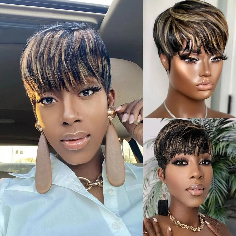 WIGERA Highlight Synthetic Hair Wigs Short Straight  Pixie Cut Hair Bob Wig Honey Gold Mix Black For Woman Daily Use