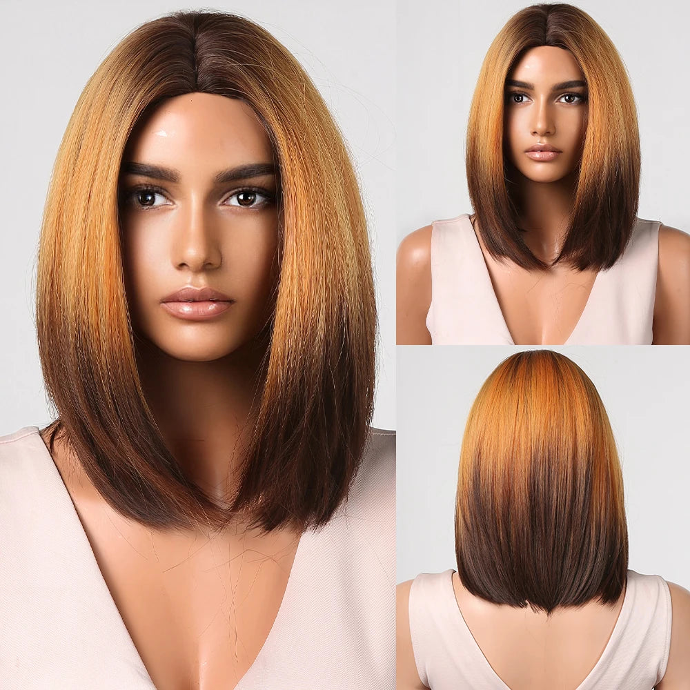 Brown Blonde Ombre Synthetic Hair Wigs Short Straight Bob Wig for Women Middle Part Lolita Cosplay Natural Hair Heat Resistant Fiber