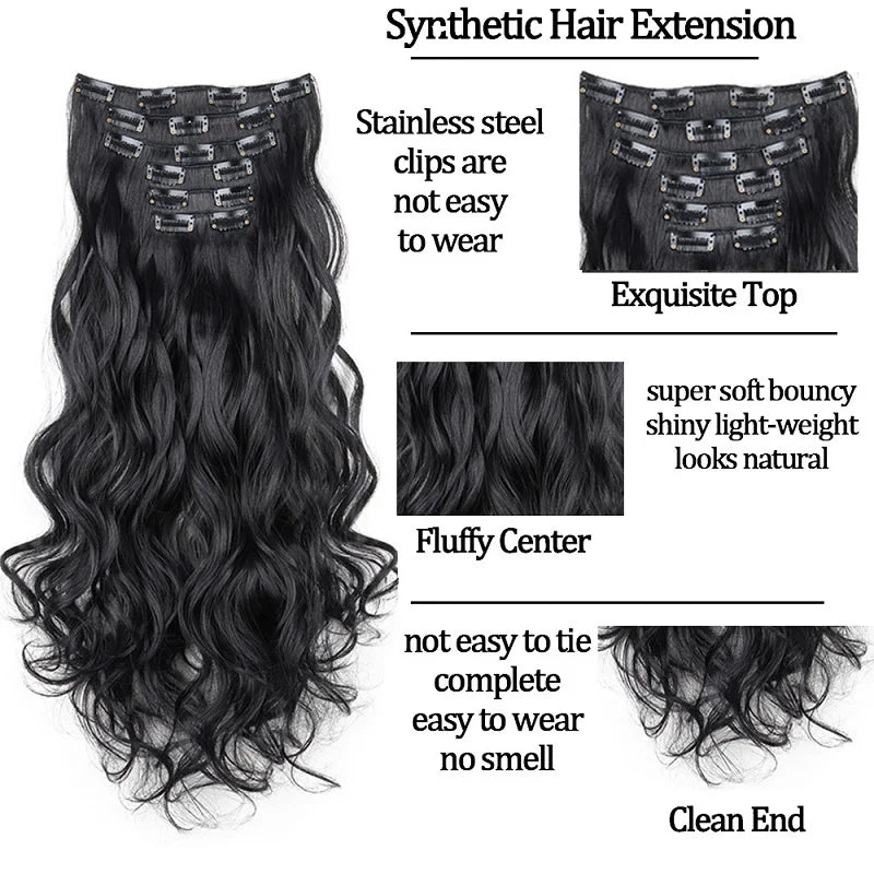 Wig Synthetic 24Inch 16Clips Long Curly Wigs Hair and Accessories Extension Heat Resistant Hair Extension Clips In Ombre Black Brown Blond Women