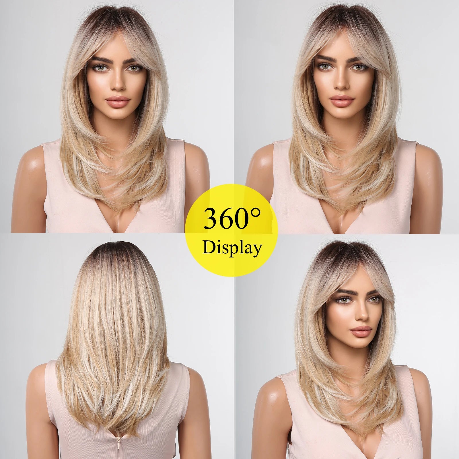 ALAN EATON Long Blonde Wig for Women Synthetic Hair Wigs with Fringe Ombre Color with Dark Roots Layered We Heat Resistant Hair Style