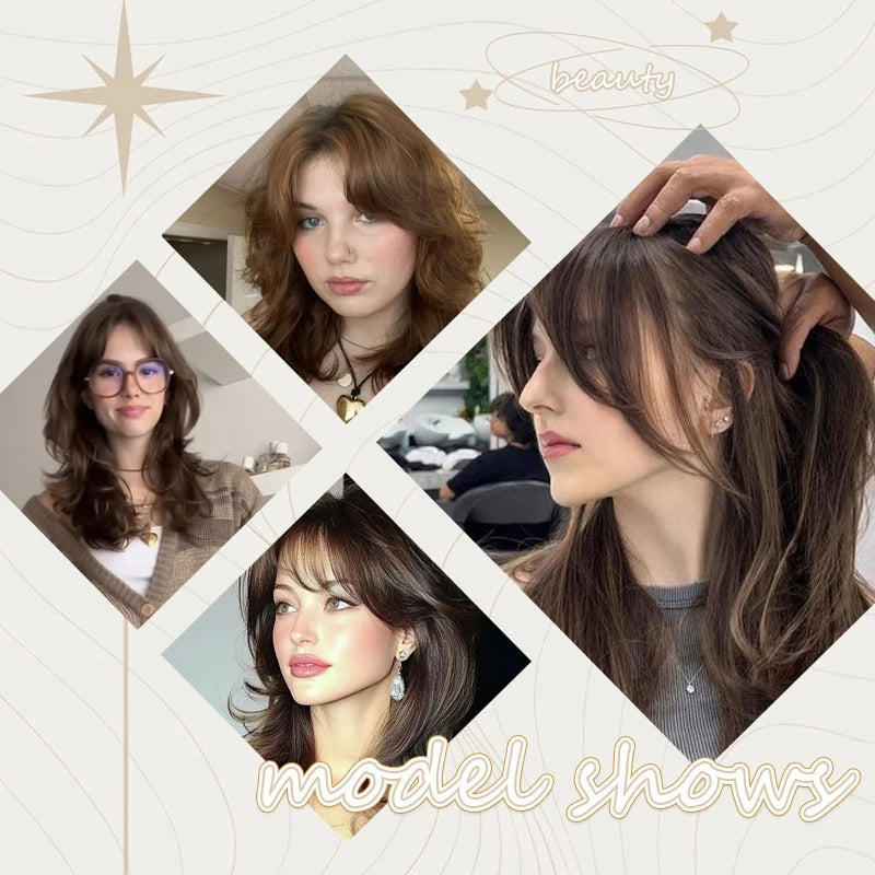 Synthetic Clip in Wigs Hair Bangs Wig Wispy Side-swept Bangs Hair Clip Fake Bang Fringe with Temples Hairpiece for Women Wig Daily Use