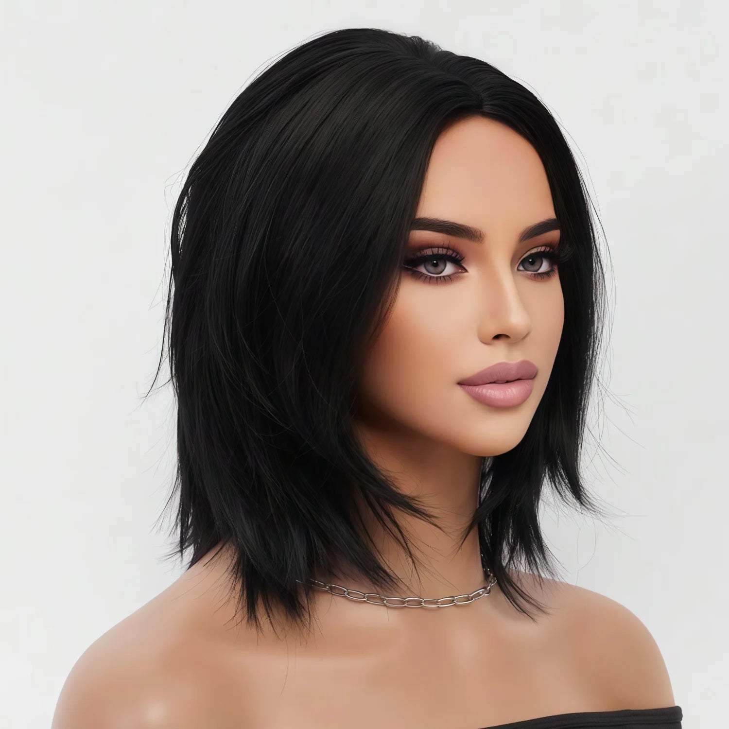 Natural black medium split short wigs Bob shoulder length wig 14 inch layered thin breathable synthetic fiber heat-resistant wigs