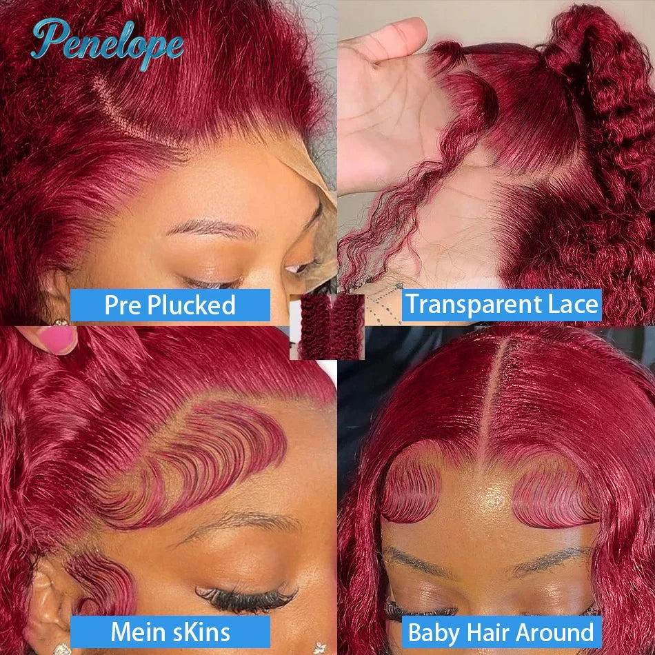 200% Density 99J 13x4 HD Lace Front Human Hair Style Wigs Burgundy 30 40 Inch Deep Wave Curly Glueless Lace Frontal Closure Wig