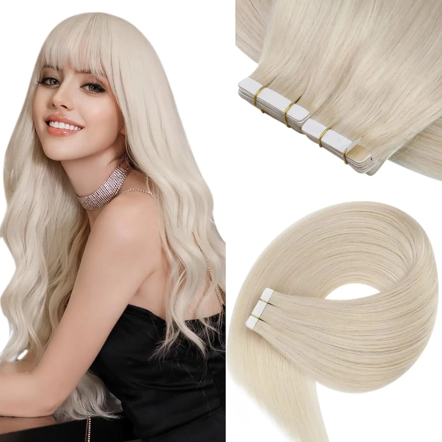 [NEW]VeSunny Tape In Hair Extensions and Accessories Human Hair Wigs Real Natural Hair Balayage Color #4-14-60 Skin Weft Straight Seamless Wig