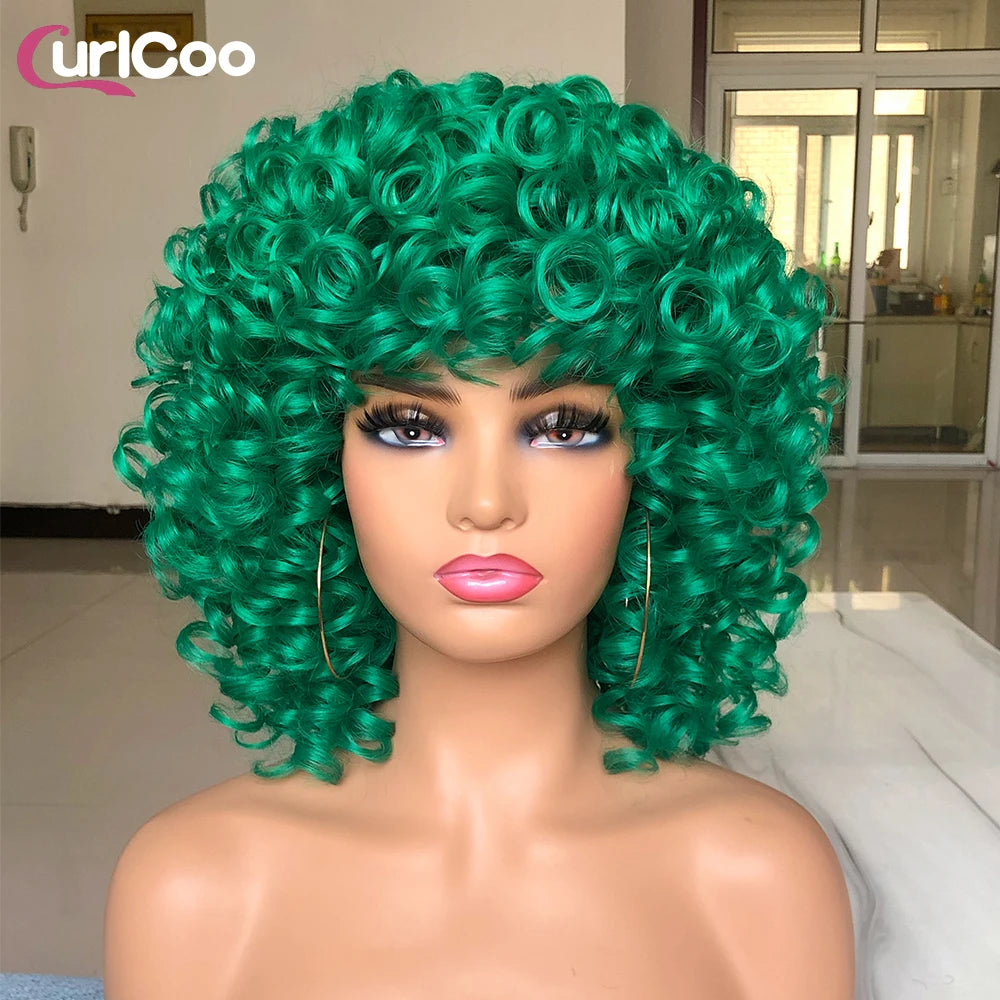 Short Hair Afro Curly Wig Natural Blonde Hair Wigs with Bangs Fluffy Synthetic Ombre Cosplay Lolita Wigs For Black Women