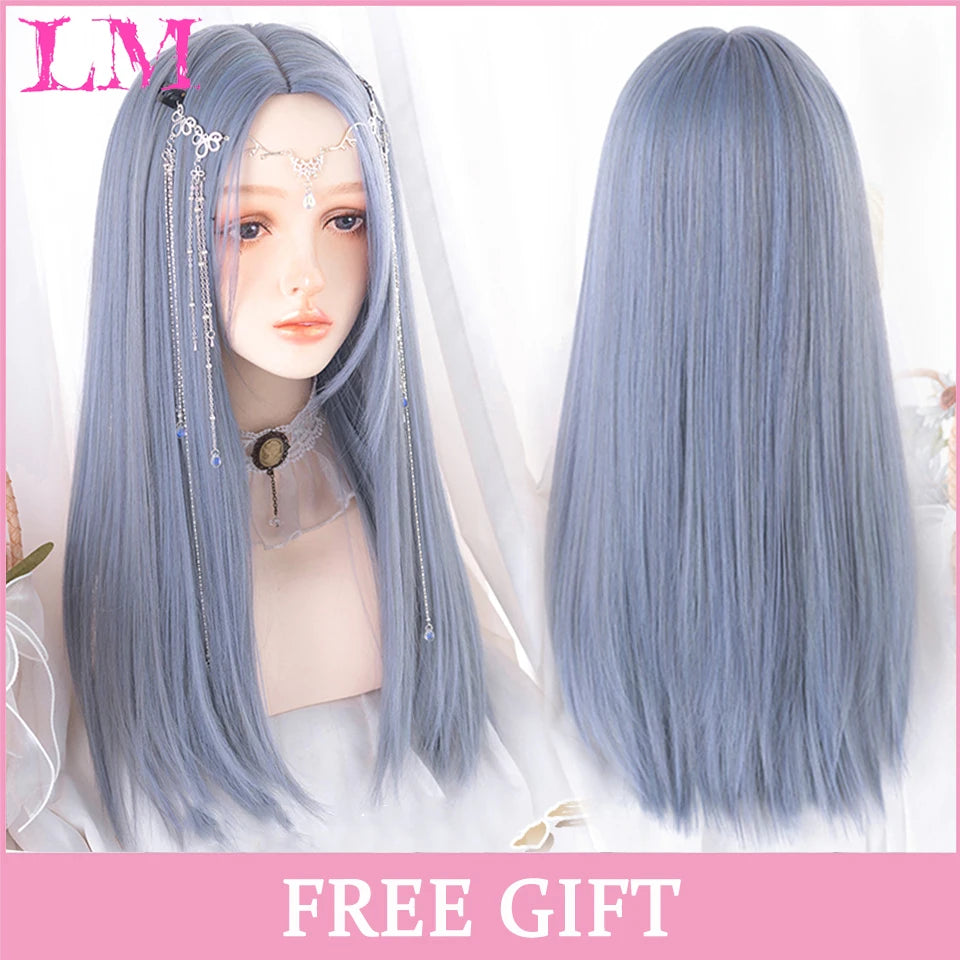 LM Cosplay Wig With Bangs Synthetic Straight Hair Wigs 24 Inch Long Heat-Resistant Pink Hair Style For Women