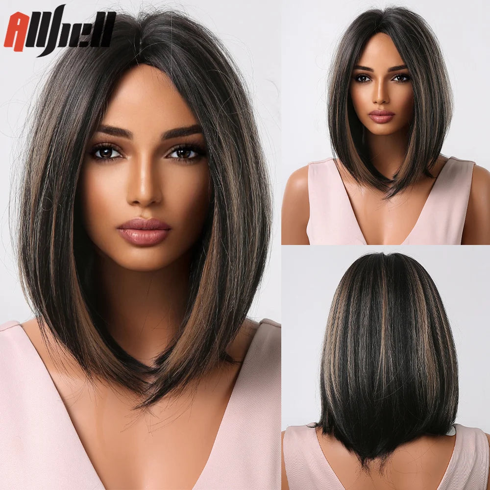 Medium Length Chestnut Brown Synthetic Wigs Hair Middle Part Wine Red Highlights Straight Wig Heat Resistant for Women Party Cosplay