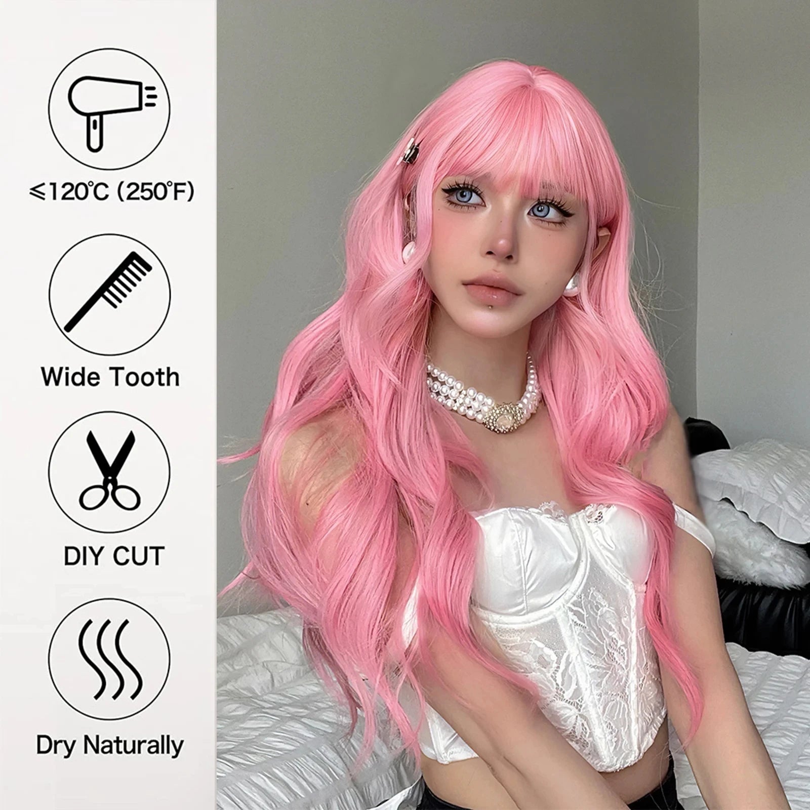 Pink synthetic wig with big waves for Halloween party, cosplay wigs, daily wig, high-temperature hair accessory wig set