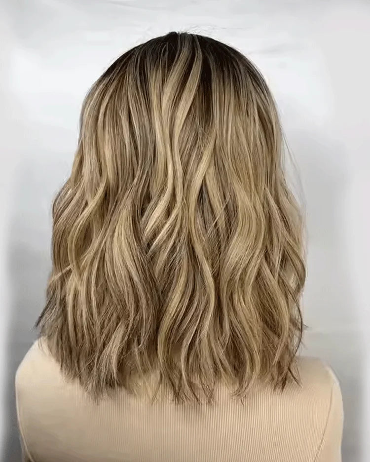 Authentic European Blonde Synthetic Wigs Brown Root short Hair Style Wig Jewish Hair 13x4 Lace Front Wig For Women Daily Party Use