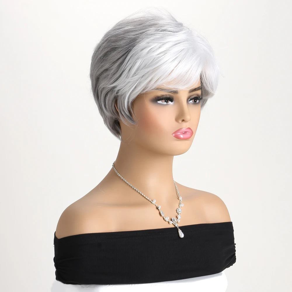 Short Natural Wigs with Bangs Soft Mommy Hair Daily Use Short  Grey Ombre Curly Synthetic Hair Costume Party Wig for Women