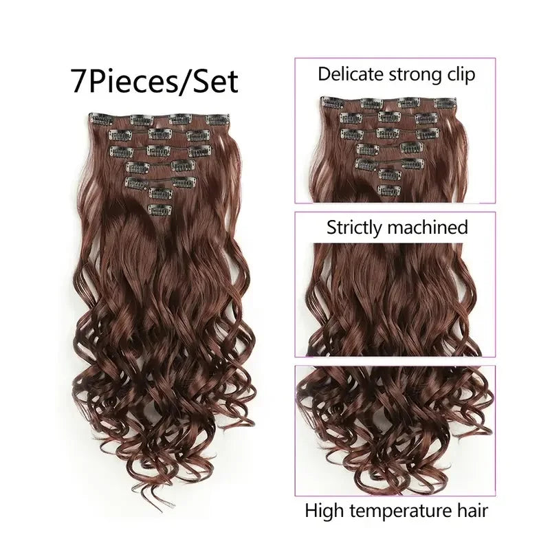 Clip In Wig Hair Extensions 7 PCS Full Head 22 Inch Long Curly Wavy Synthetic Hair Wigs Pieces Natural Wavy For Women Girls Hair Style