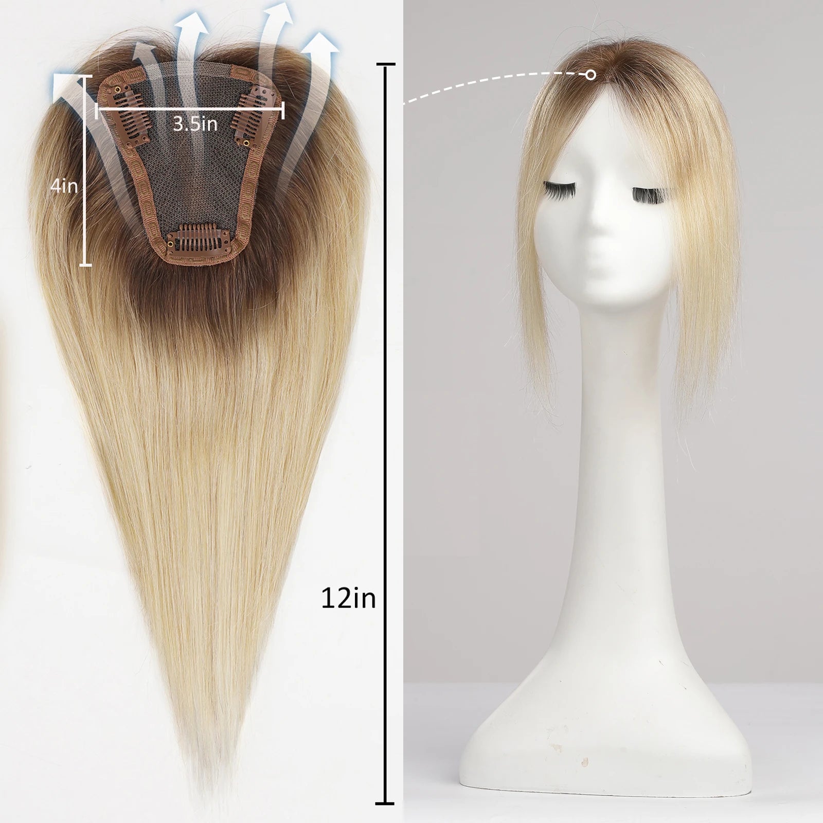 Blonde Ombre 100% Remy Human Hair Toppers Clips In Hair Lace Base Topper Hairpieces for Women Hair Extensions 12 Inch Straight