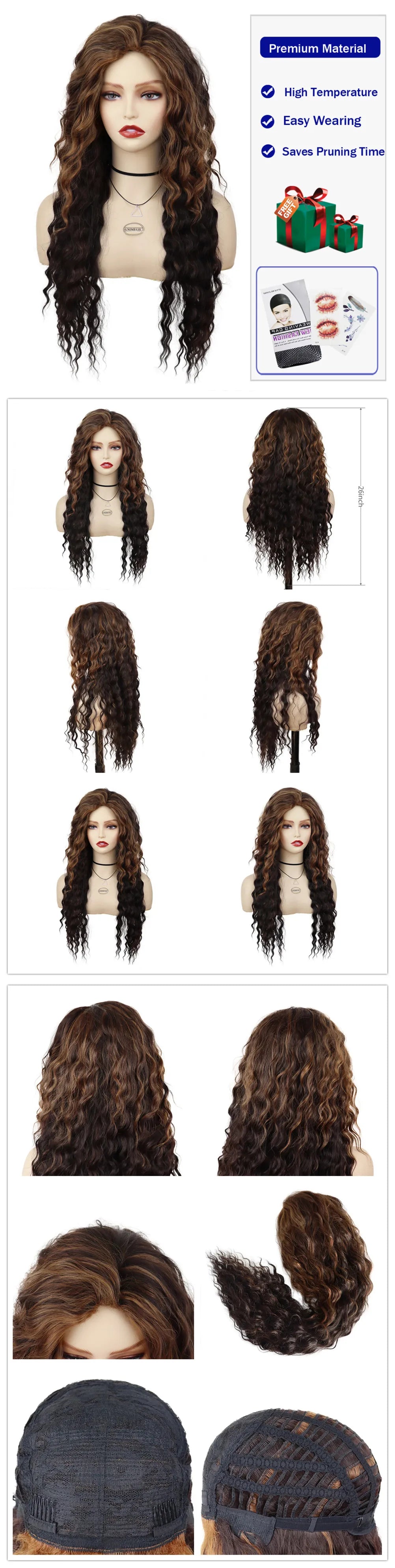 Womens Wig Long Synthetic Hair Ombre Blonde Curly Hair Wigs Female Natural Wavy Drag Queen Regular Wig 80s Gradient Hair Style Wigs for Student