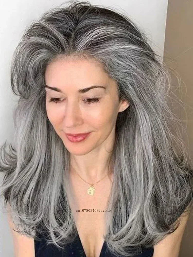 Synthetic Salt and Pepper Wigs with Curtain Bangs Long Hair Style Wig Natural Mix Silver Gray Wigs for White Women Halloween Costume