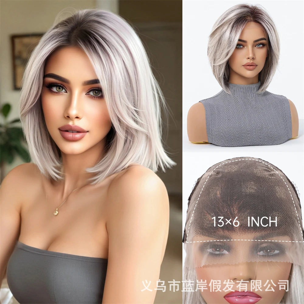 13 * 6 large lace wig, gradient white gold bob, linen shoulder length short hair wigs, suitable for everyday women