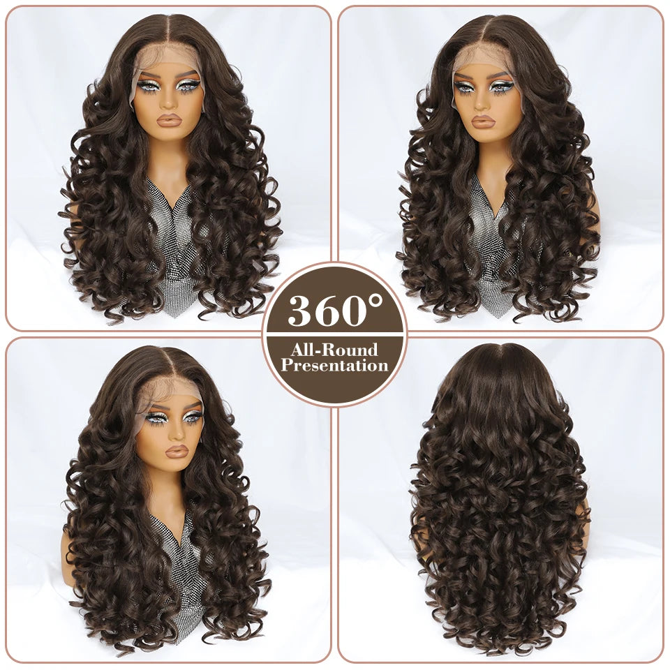 Latisha HD Synthetic Lace Front Wigs Curly Pre Plucked Lace Frontal Wig with Bangs for Women Highlight with Babyhair 24Inch Wigs