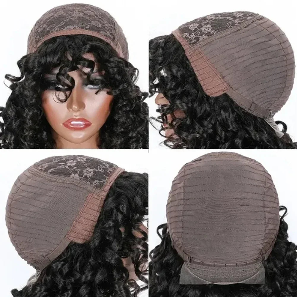 Short Curly Bob Wig Human Hair With Bangs Ready to Go Glueless Bouncy Curly Human Hair Wigs Machine Made Afro Wigs for Women Hair Style