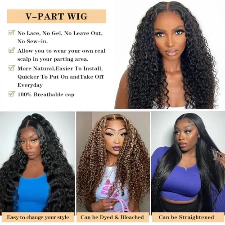 Curly V Part Wig Human Hair No Leave Out Upgrade U Part Wigs Glueless 30 Inch Natural Color Deep Wave Human Hair Wig For Women