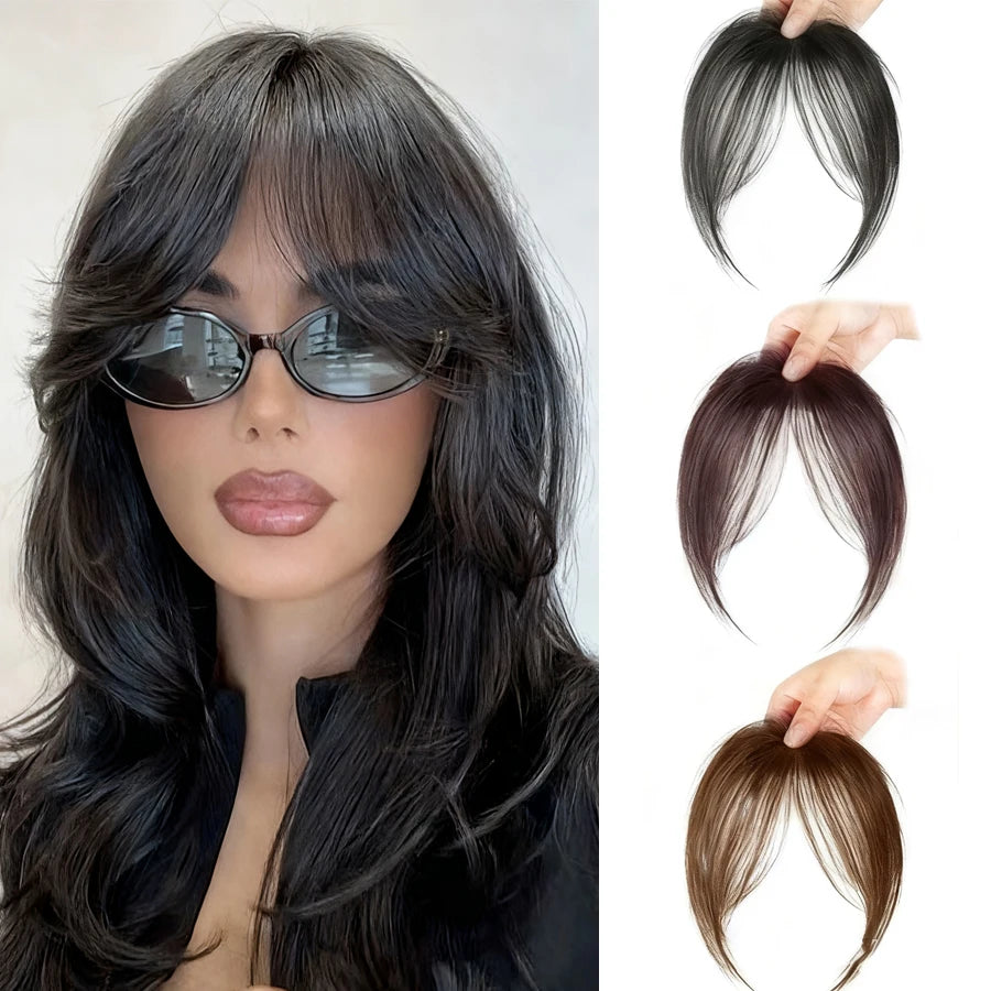 Synthetic Clip in Wigs Hair Bangs Wig Wispy Side-swept Bangs Hair Clip Fake Bang Fringe with Temples Hairpiece for Women Wig Daily Use