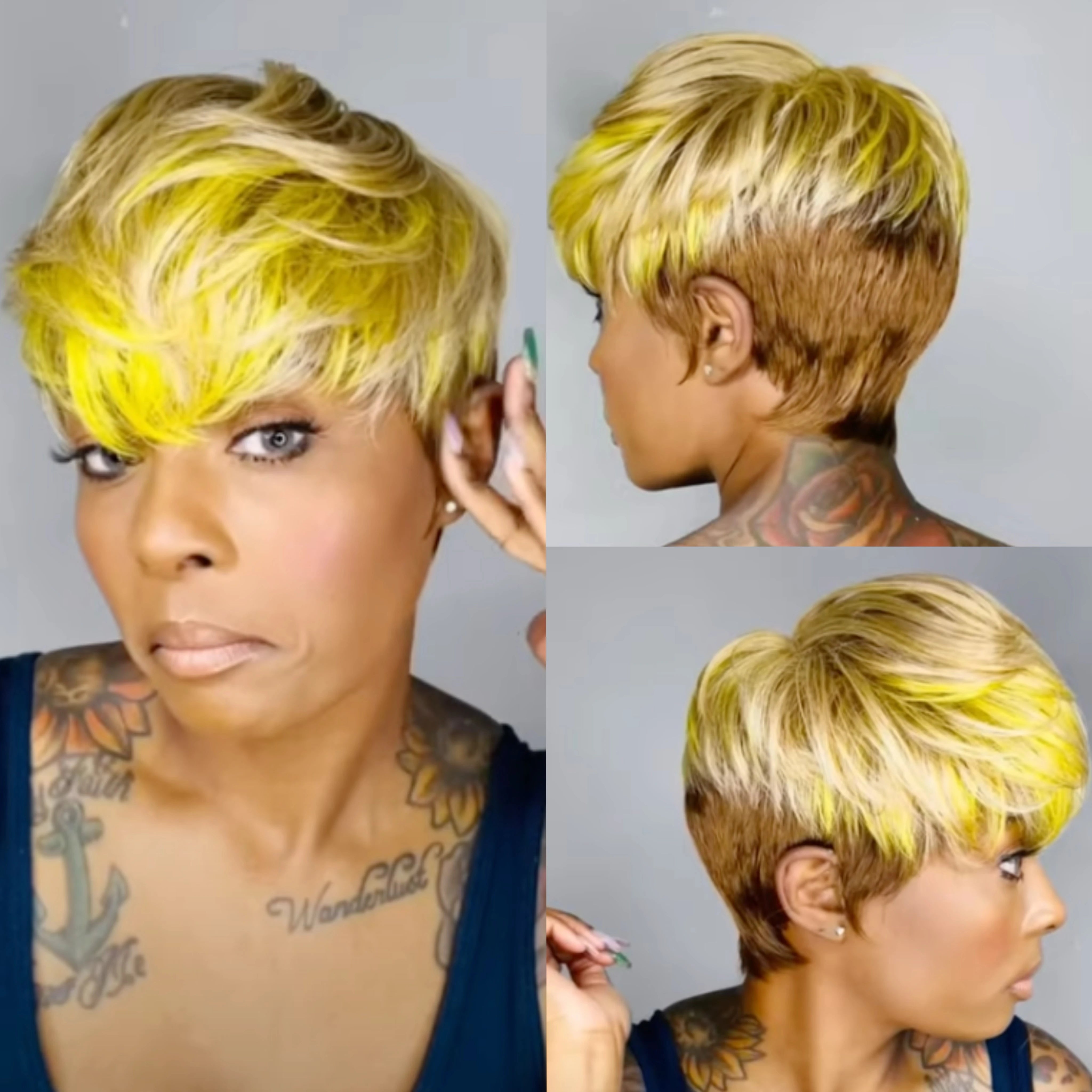 WIGERA Highlight Synthetic Hair Wigs Short Straight  Pixie Cut Hair Bob Wig Honey Gold Mix Black For Woman Daily Use