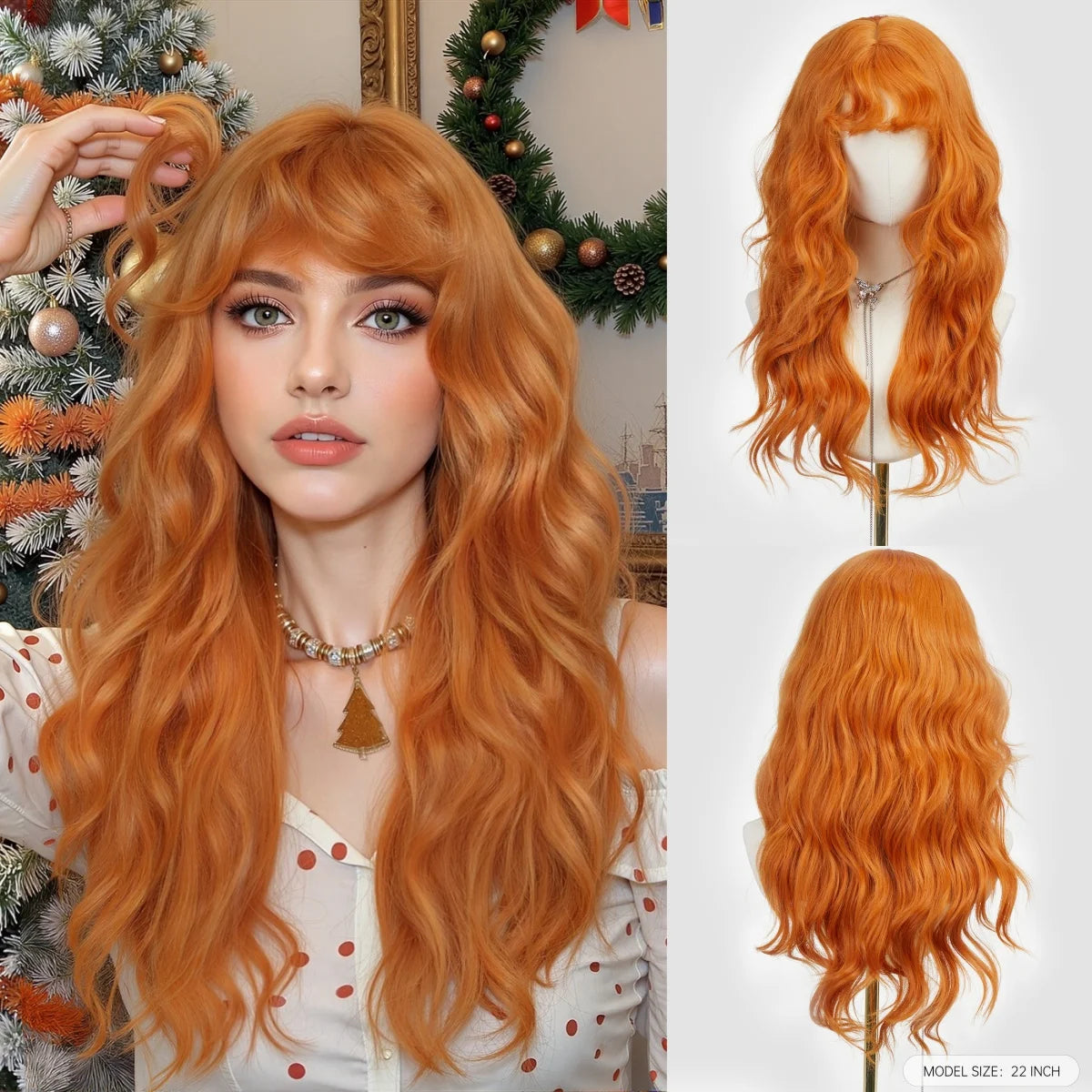 Long Copper Brown Synthetic Curly Wig for Women Auburn Hair Style Wigs with Bangs Layered Straight Hair Natural Daily Heat Resistant