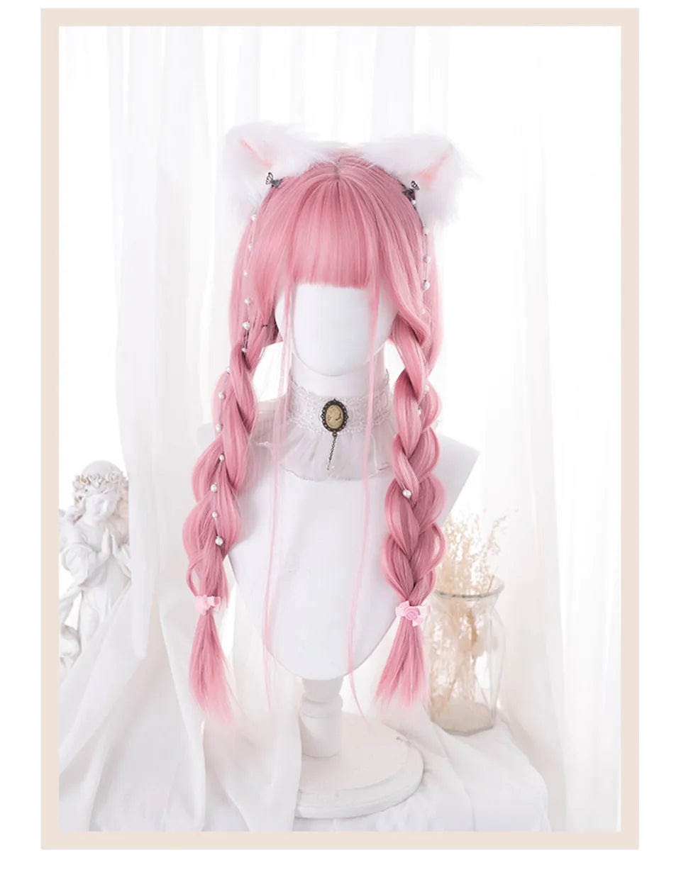 LM Cosplay Wig With Bangs Synthetic Straight Hair Wigs 24 Inch Long Heat-Resistant Pink Hair Style For Women