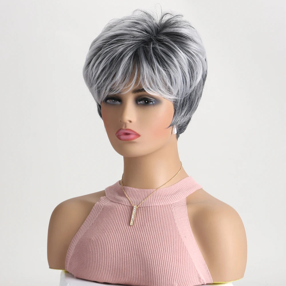 Short Natural Wigs with Bangs Soft Mommy Hair Daily Use Short  Grey Ombre Curly Synthetic Hair Costume Party Wig for Women