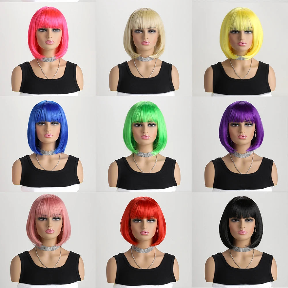 Heat Resistant Short Bob Wig with Bangs for Women Hair Wigs Perfect for Halloween Birthday Costume Party Or Daily Use, Hair Style