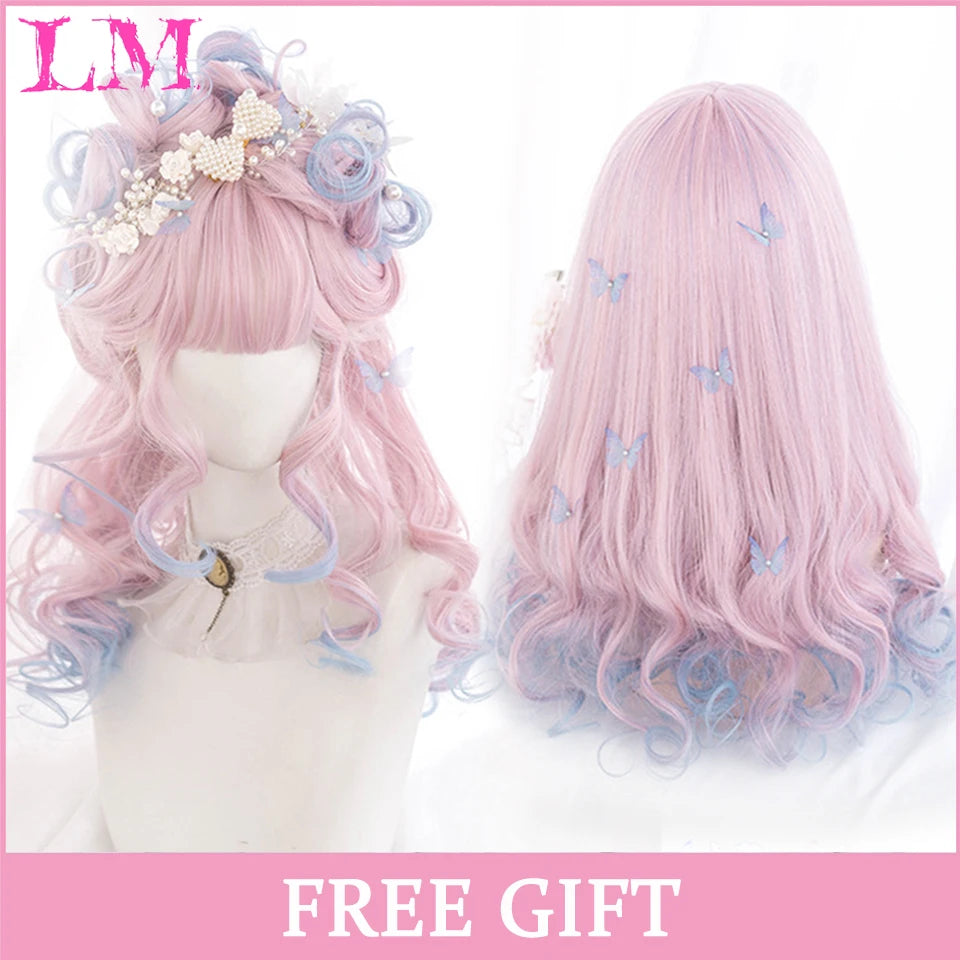 LM Cosplay Wig With Bangs Synthetic Straight Hair Wigs 24 Inch Long Heat-Resistant Pink Hair Style For Women