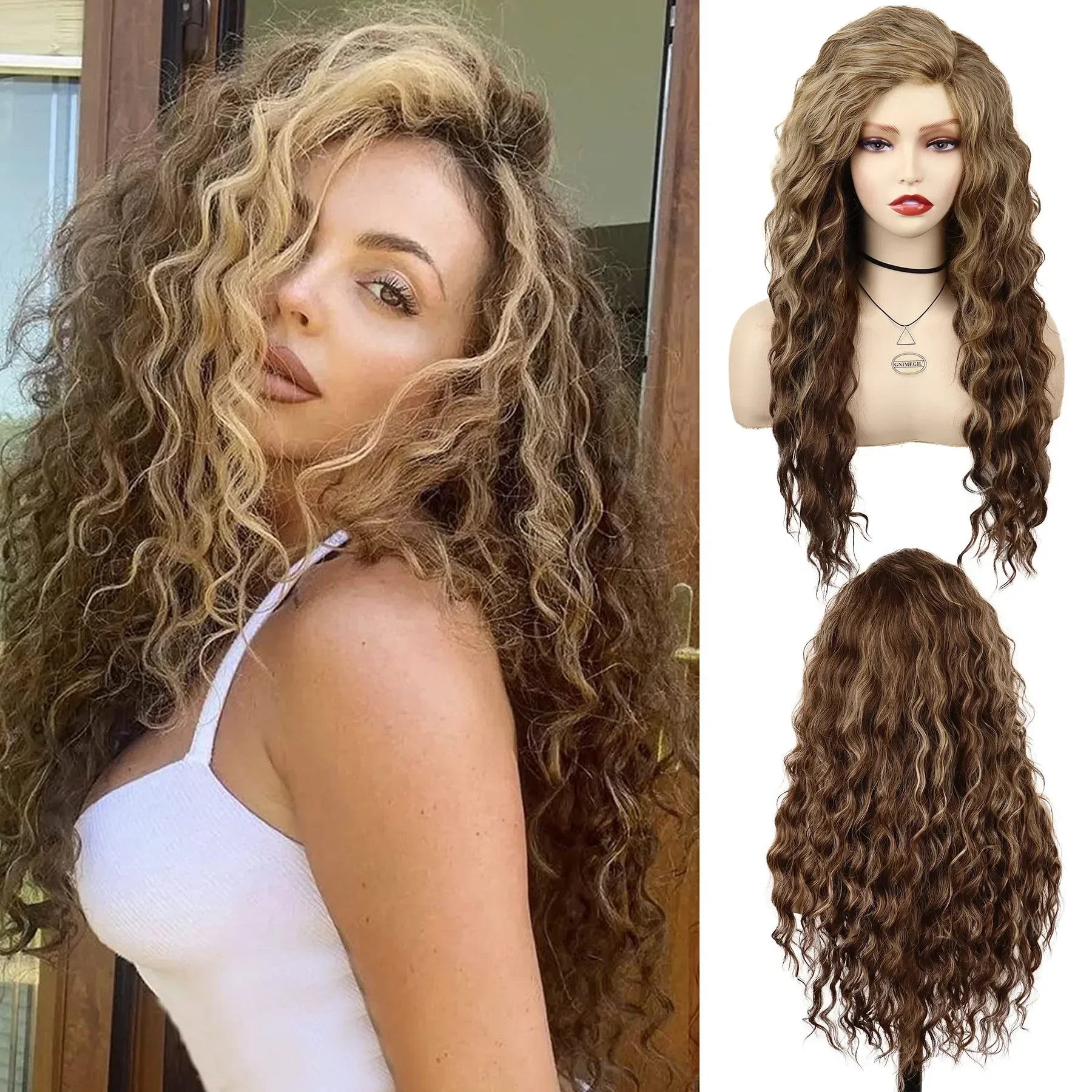 Womens Wig Long Synthetic Hair Ombre Blonde Curly Hair Wigs Female Natural Wavy Drag Queen Regular Wig 80s Gradient Hair Style Wigs for Student