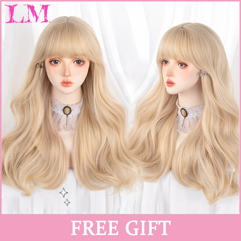 LM Cosplay Wig With Bangs Synthetic Straight Hair Wigs 24 Inch Long Heat-Resistant Pink Hair Style For Women