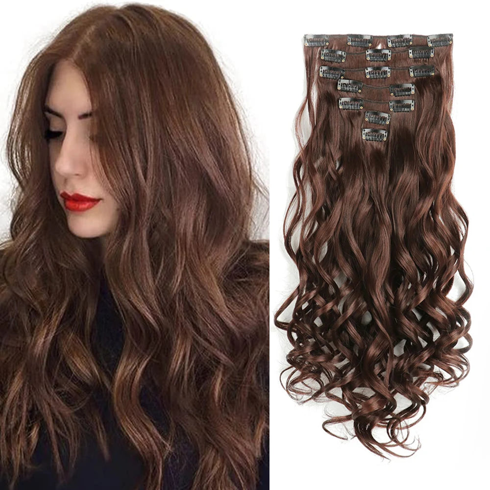 Clip In Wig Hair Extensions 7 PCS Full Head 22 Inch Long Curly Wavy Synthetic Hair Wigs Pieces Natural Wavy For Women Girls Hair Style