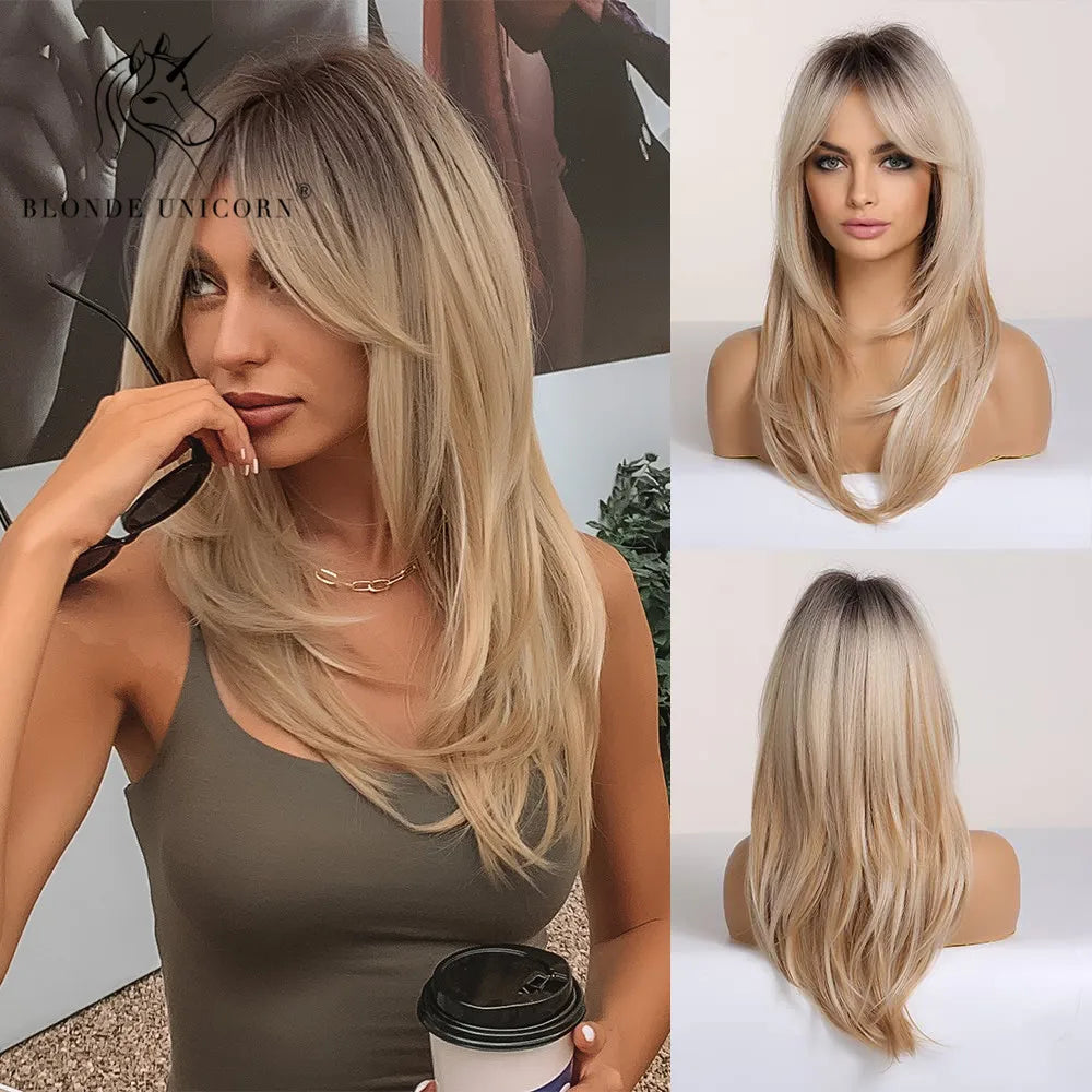 Blonde Unicorn Synthetic Medium Long Straight Brown Blonde Wig For Women Cosplay Daily Party Wigs Heat Resistant False Hair Style
