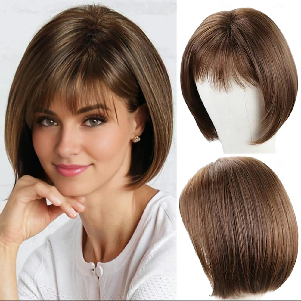 HAIRJOY Synthetic Hair Short Brown Bob Wigs with Bangs for Women  Daily Party Wig
