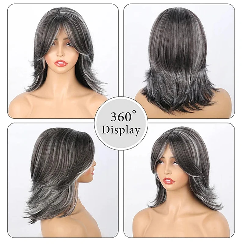 HAIRJOY Dark Gray Ombre Layered Wigs with  Bangs for Black Women Synthetic Hair Style Short Gray Highlight Straight  Layered Bob Wig
