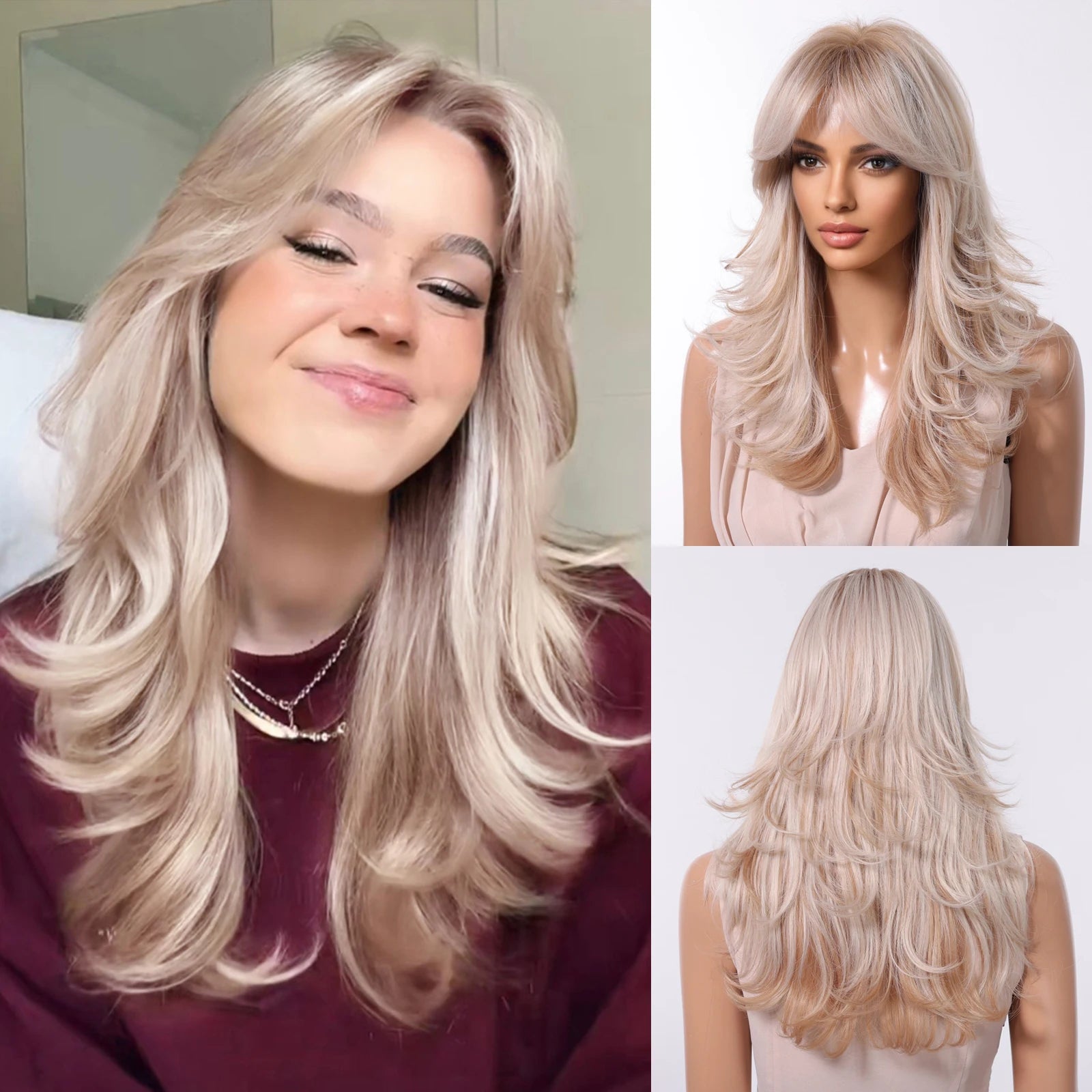 Golden Blonde Mixed Synthetic Wig Dark Root Wavy Hair With Side Bangs for Women Daily Party Cosplay wig Heat Resistant Fiber