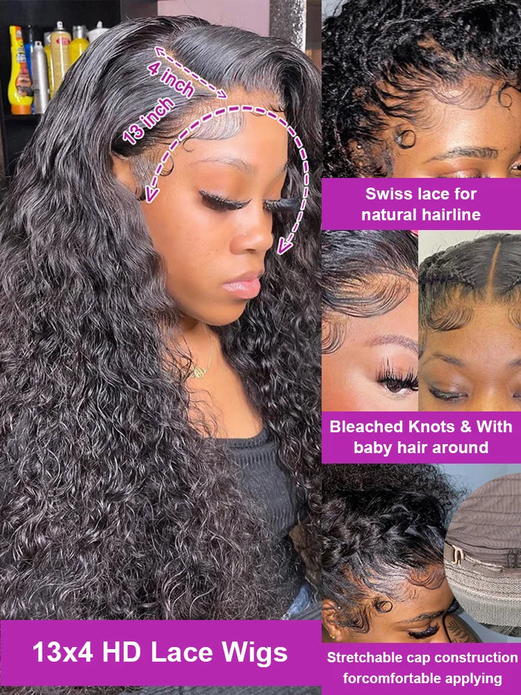 Transparent 250% Density Water Culry 360 Full Lace Frontal Wig Human Hair 40Inch Deep Wave 13x4 13x6 Hd Lace Front Wigs For Women