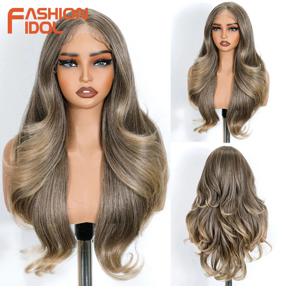 FASHION IDOL 24 Inch Long Loose Body Wavy Lace Front Wigs For Women Hair Style Pre-Cut Pre Plucked Lace Hair Wigs Ombre Blonde White Cosplay Wig