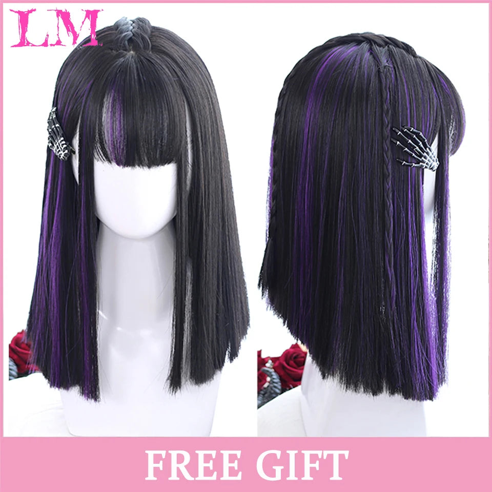 LM Cosplay Wig With Bangs Synthetic Straight Hair Wigs 24 Inch Long Heat-Resistant Pink Hair Style For Women
