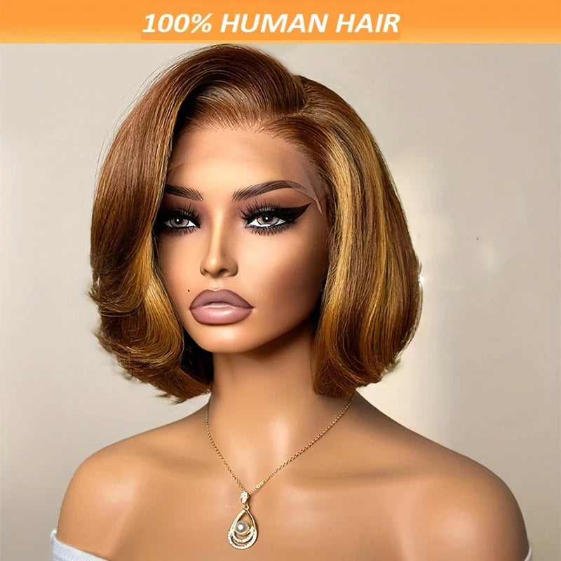 Straight Ombre Lace Front Wig Human Hair 18inch 4/27 Highlight Wig Human Hair Pre-plucked, 13x4 Straight Honey Blonde Mix Brown