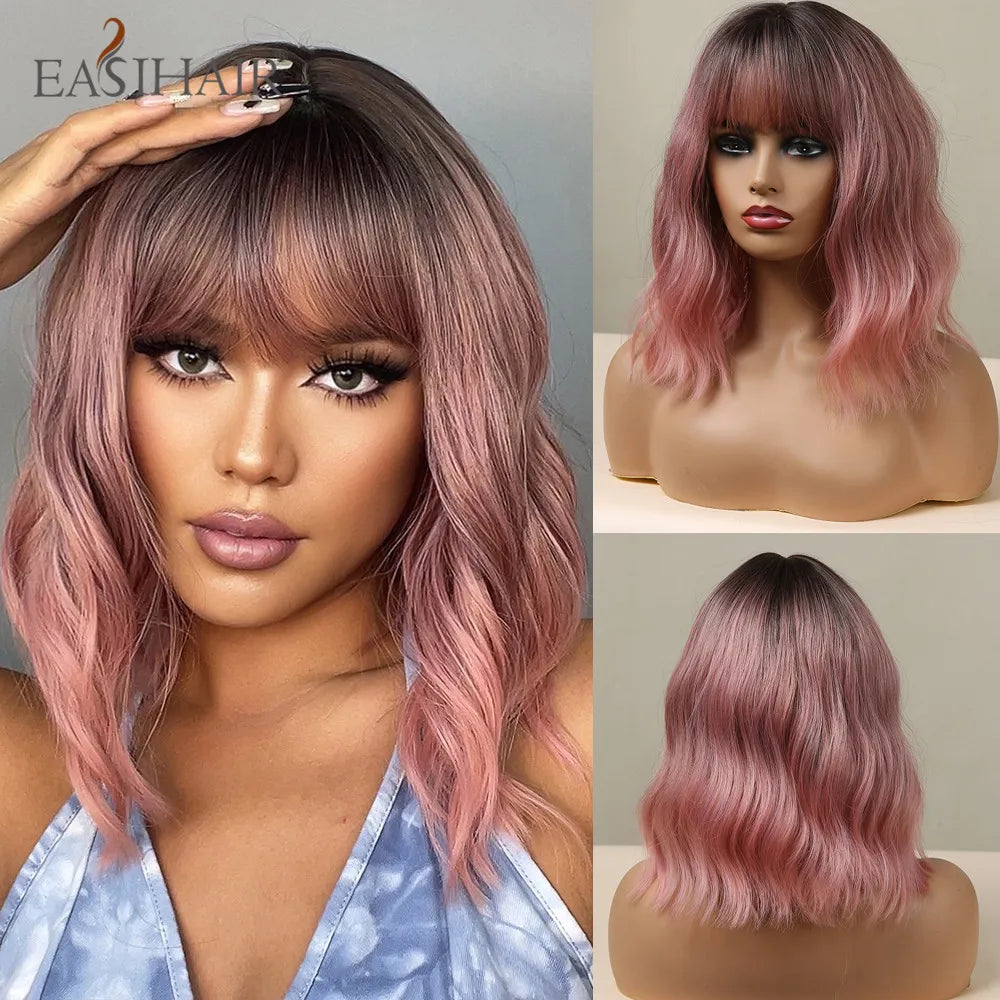 EASIHAIR Synthetic Bob Wig with Bang Short Straight Light Blonde Beige Natural Wigs Hair for Women Daily Cosplay Heat Resistant