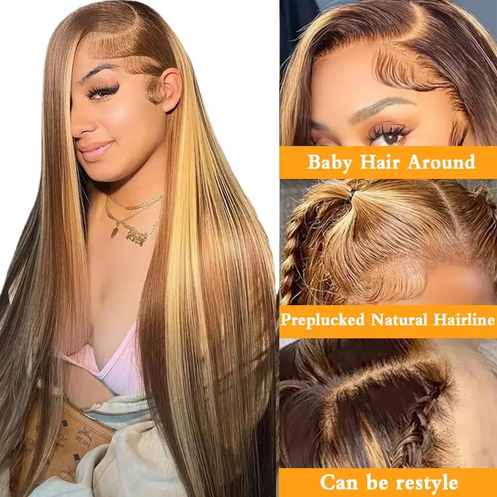 P4/27 Straight Lace Front Wigs Human Hair Pre Plucked 180% Density 13x6 Highlight Ombre Lace Front Wig Human Hair Women 30 Inch