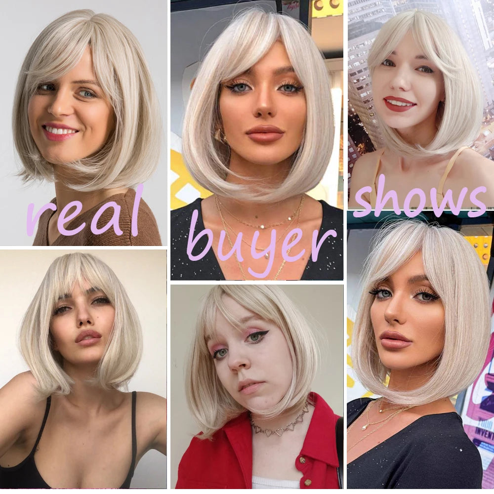 Short Bob Platinum Blonde Wig with Bangs Synthetic Natural Straight Blonde Hair Wigs for White Women Party Daily Heat Resistant Hair Style