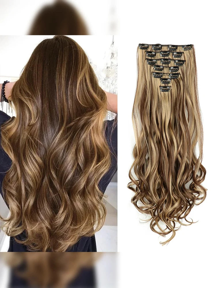 Clip In Wig Hair Extensions 7 PCS Full Head 22 Inch Long Curly Wavy Synthetic Hair Wigs Pieces Natural Wavy For Women Girls Hair Style