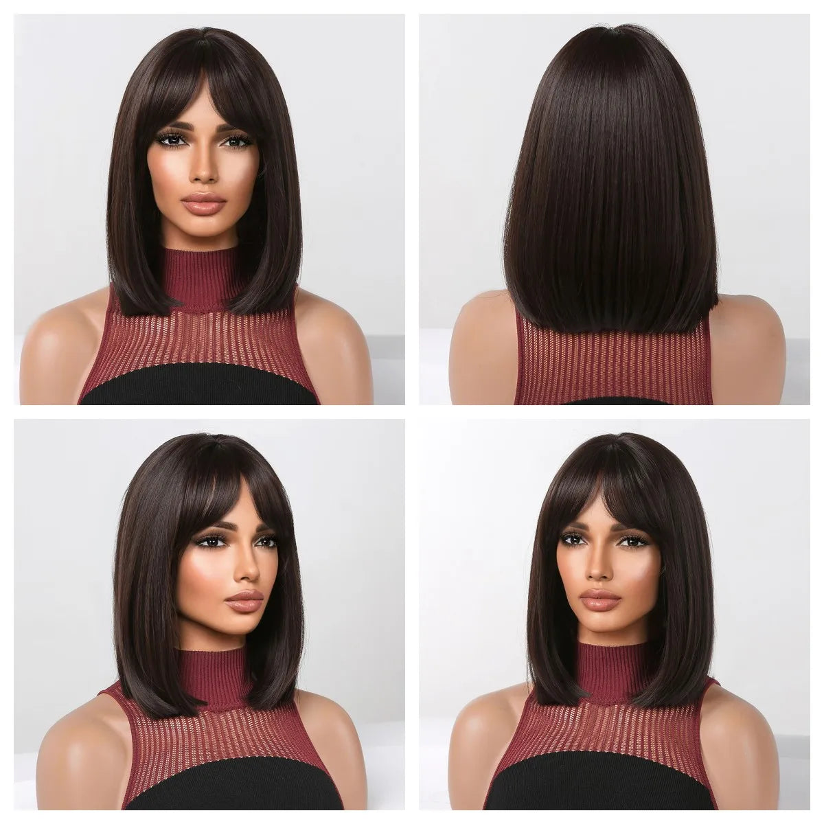 Dark Brown Short Bob Synthetic Hair Wigs with Bangs Straight Cosplay Lolita Natural Wig for Women Afro Blunt Cut Heat Resistant