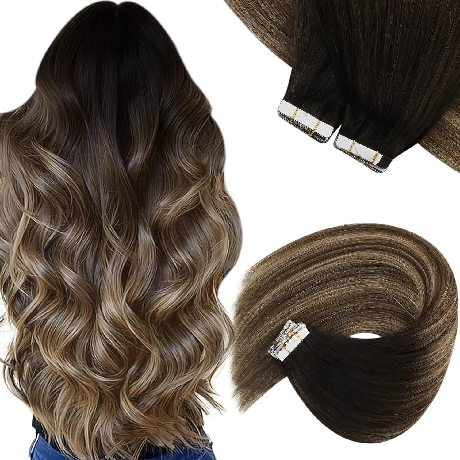 [NEW]VeSunny Tape In Hair Extensions and Accessories Human Hair Wigs Real Natural Hair Balayage Color #4-14-60 Skin Weft Straight Seamless Wig