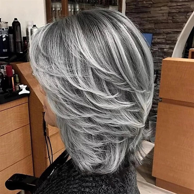 HAIRJOY Dark Gray Ombre Layered Wigs with  Bangs for Black Women Synthetic Hair Style Short Gray Highlight Straight  Layered Bob Wig